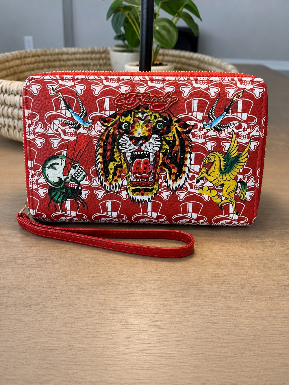Ed Hardy Red Tattoo-Print Wristlet with Strap